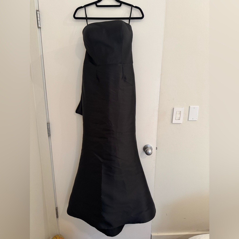 Custom Black Evening Gown with bow in back and corset fitting bodice. Size 4.